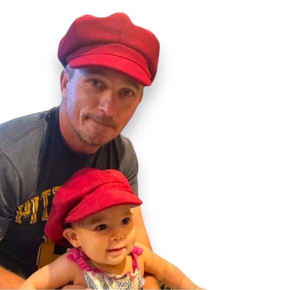 Red Curved Brim Floppy Button Top Newsboy Hat Cabbie Cap - NEW - Picture 3 of 4